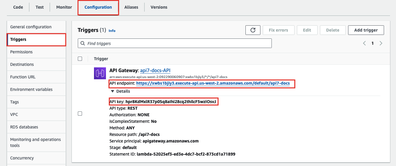 AWS console showing the API Gateway endpoint URL and the generated API key