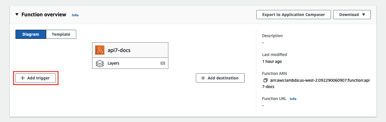 AWS Lambda console: adding an API Gateway trigger to the function