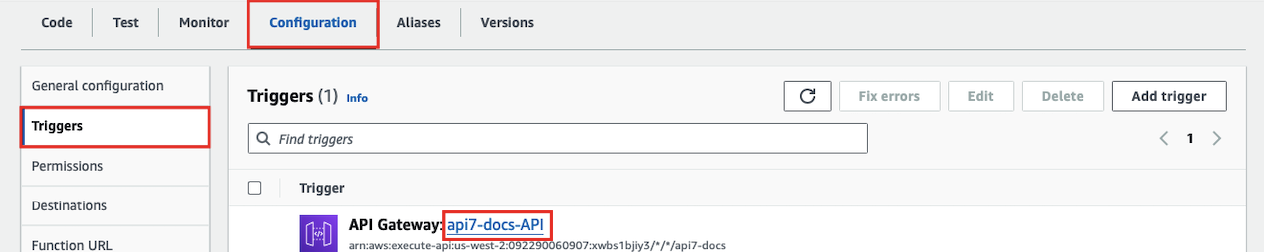 AWS Lambda console: opening the API Gateway integration for the function
