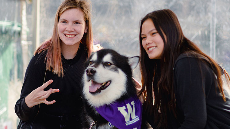 Two people take a picture with Dubs, the Husky mascot