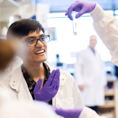 UW student Samir Faruq dressed in a white lab coat looks a beaker being held by a purple gloved hand.