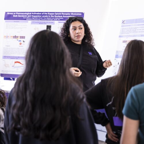 Mickey Ruiz presents to a group. Behind her are poster boards with info graphics.