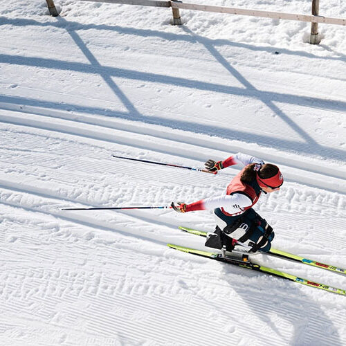 Looking down on a skier following an outdoor course