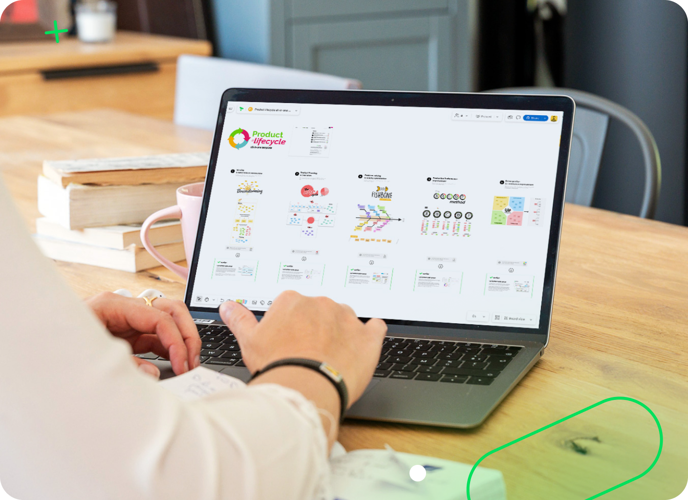 Klaxoon Product Lifecycle dashboard with roadmap timeline, phases and task cards.