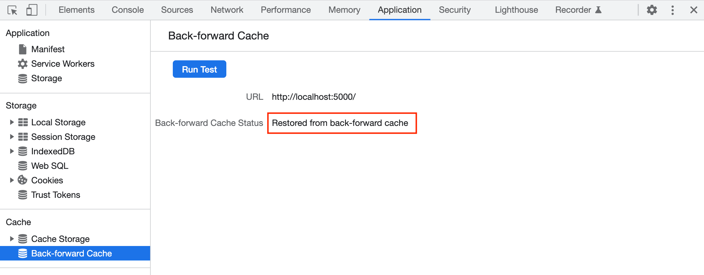 DevTools জানাচ্ছে যে bfcache থেকে একটি পৃষ্ঠা সফলভাবে পুনরুদ্ধার করা হয়েছে।