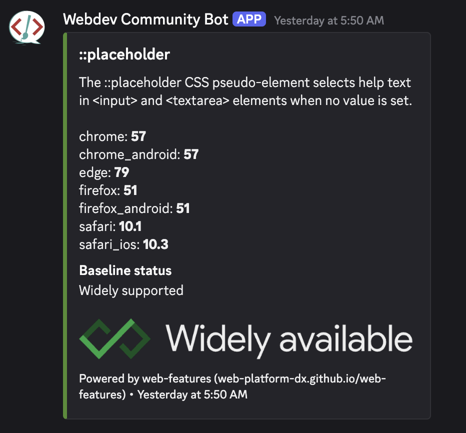 บ็อต Baseline แสดงข้อมูลเกี่ยวกับฟีเจอร์เว็บในชุมชน Discord ของนักพัฒนาเว็บและนักออกแบบเว็บ