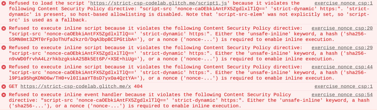 گزارش نقض CSP در کنسول برنامهنویس Chrome.