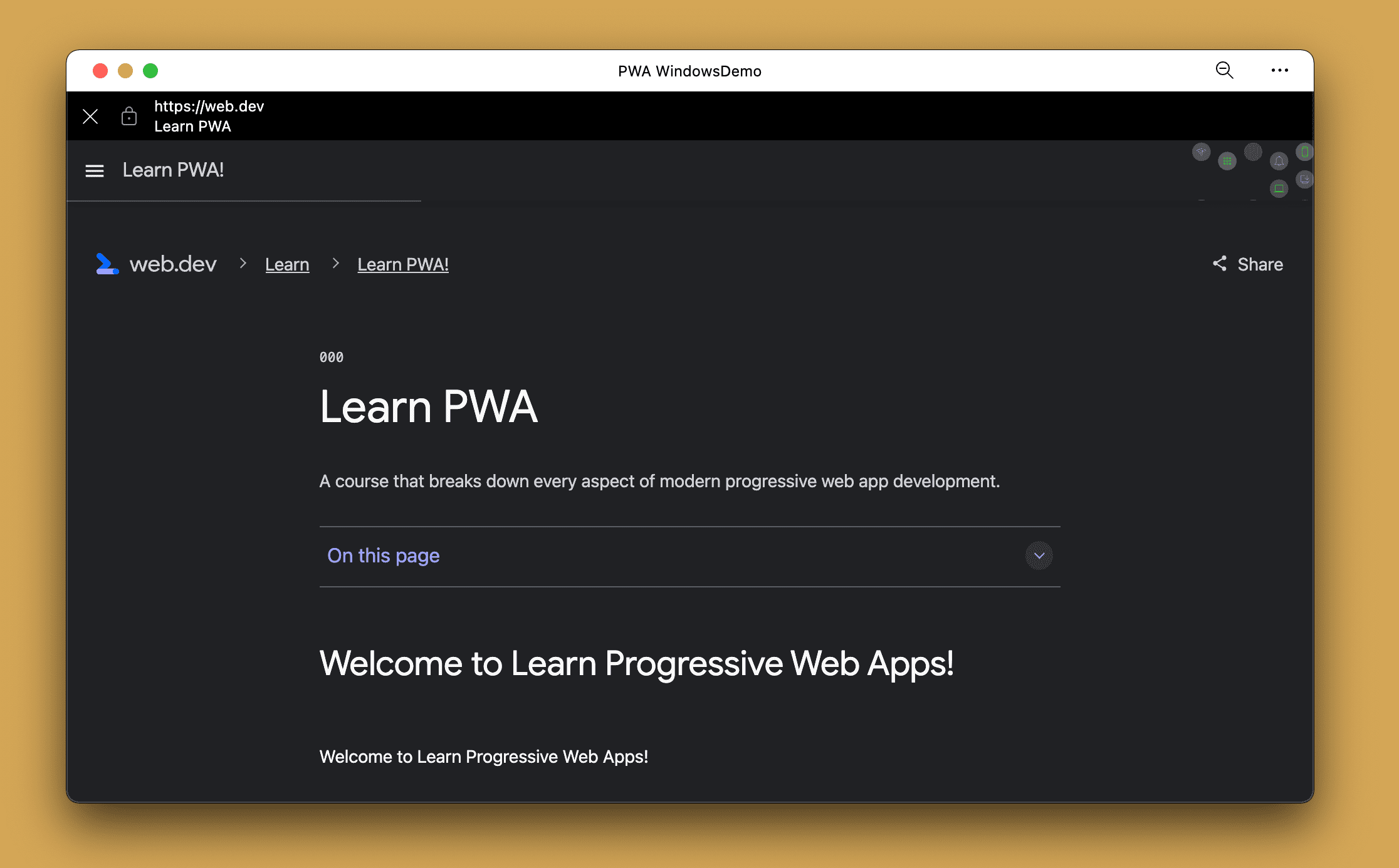 在桌面 PWA 上浏览超出范围的网址时,应用内浏览器会显示此界面。