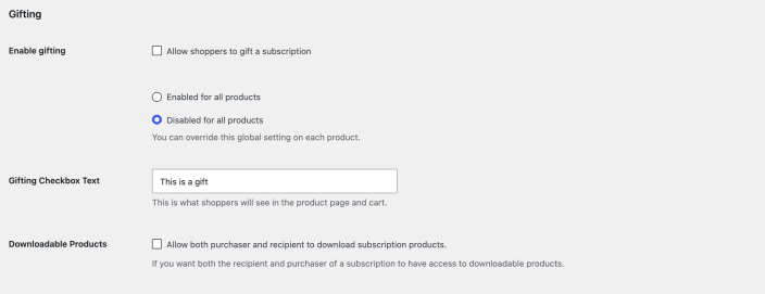 WooCommerce Subscriptions gifting settings