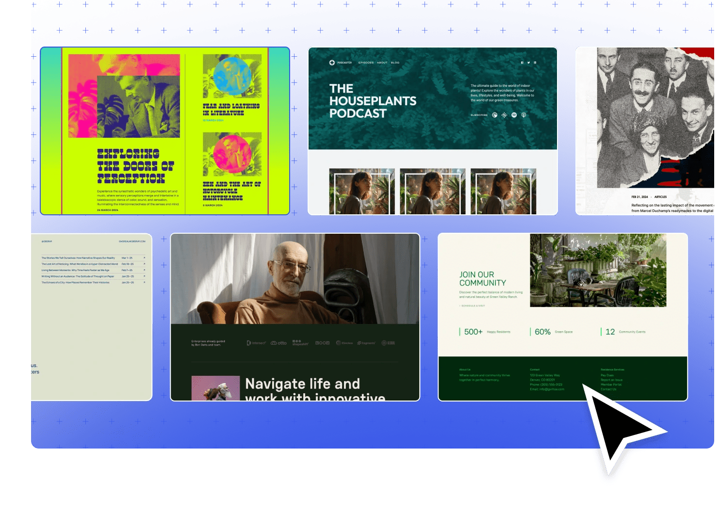 Collage di esempi di temi per siti Web WordPress.com su sfondo blu.