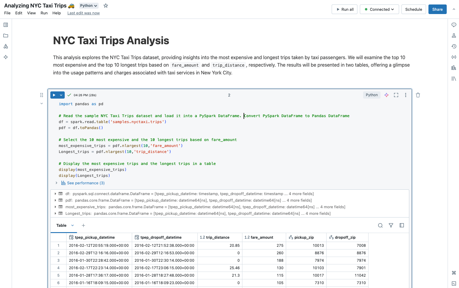 Analyzing NYC taxi trips with code and table
