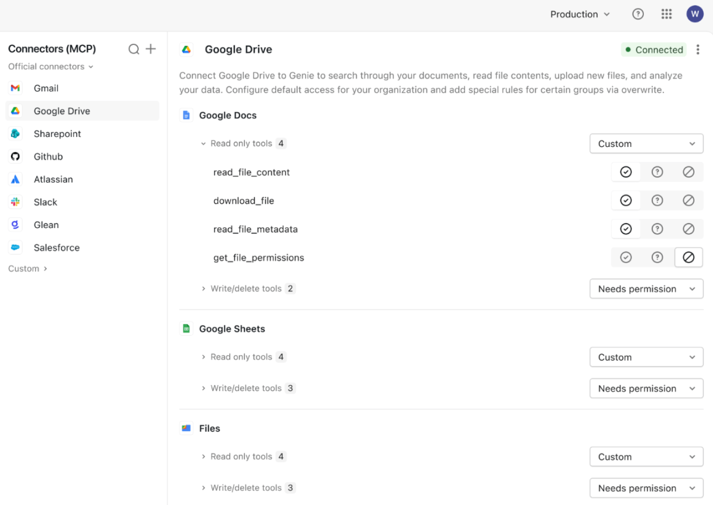 Google Drive connector configuration & permissions.