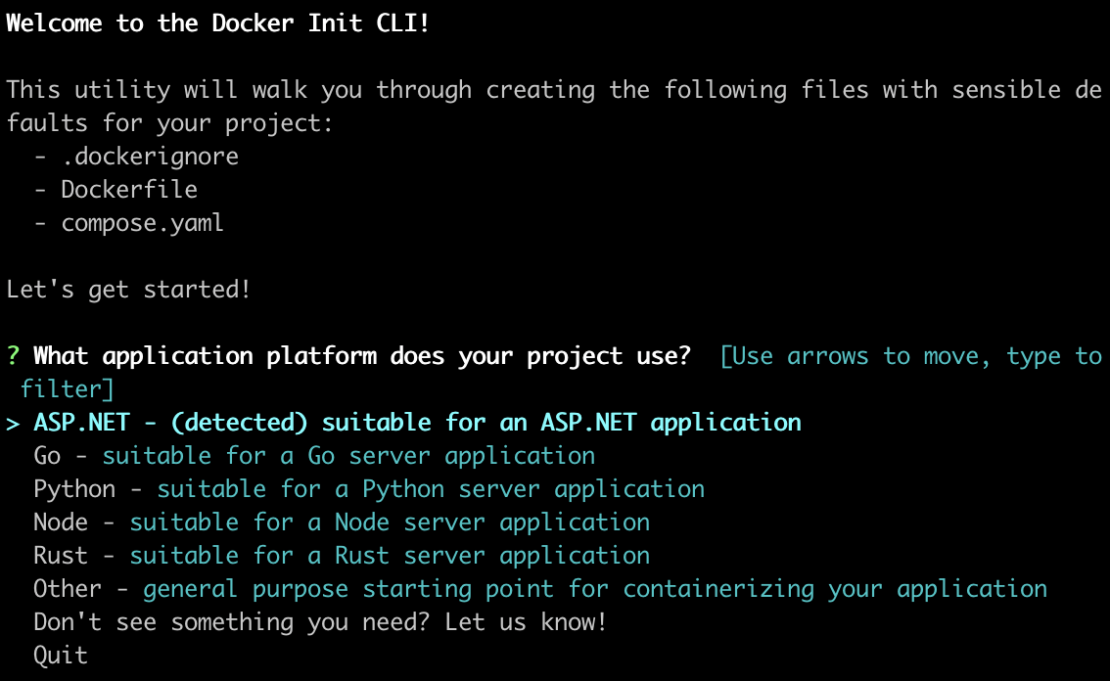 - docker desktop 423 f1 Docker Init showing available languages, now including ASP.NET.