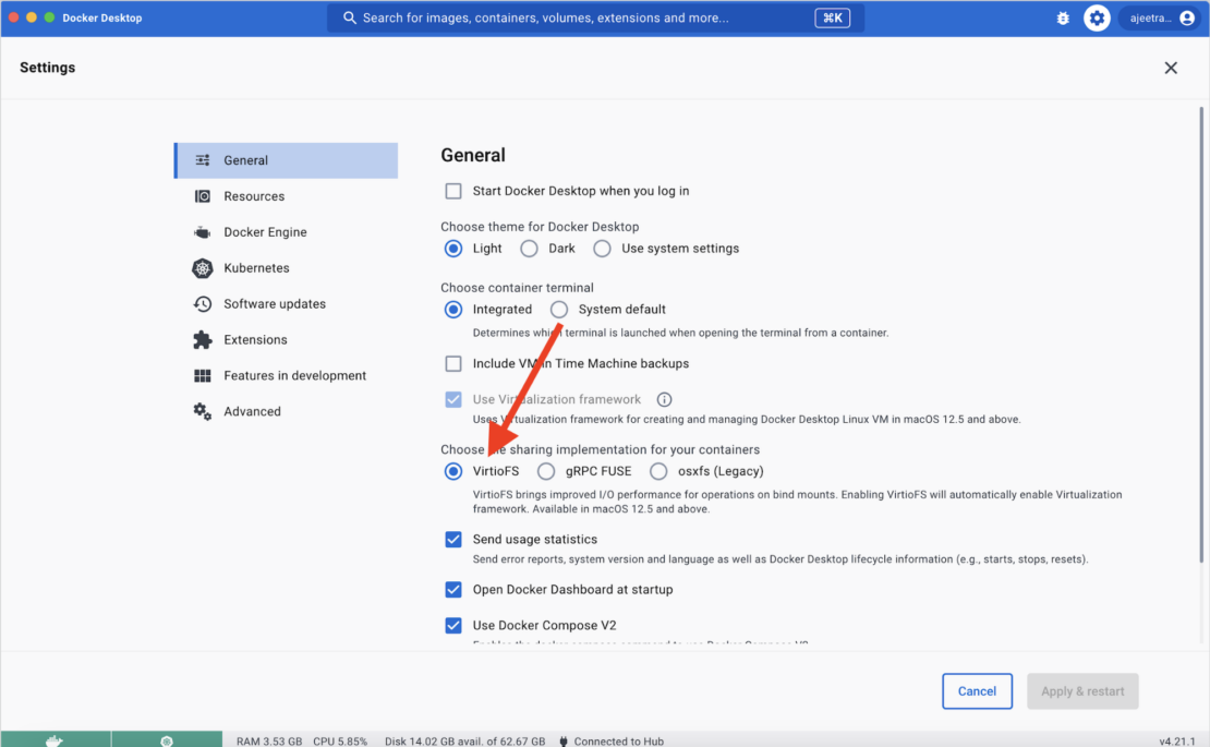 - docker desktop 423 f5 Setting VirtuoFS to default in the Docker Desktop General settings.