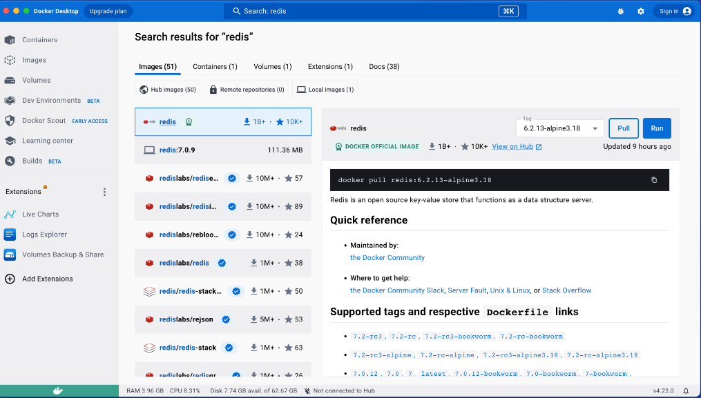 - image Search results with updated Quick Search within Docker Desktop 4.23.