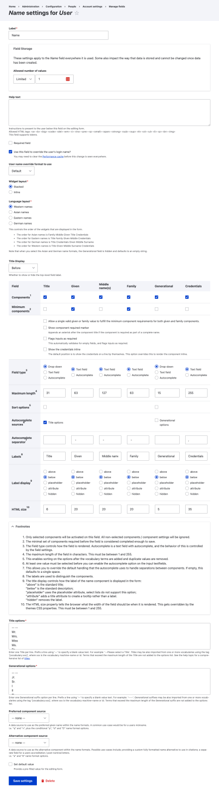 Name field settings