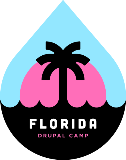 Florida DrupalCamp logo with a drupal drop and a palm tree against a pink sunrise over some waves