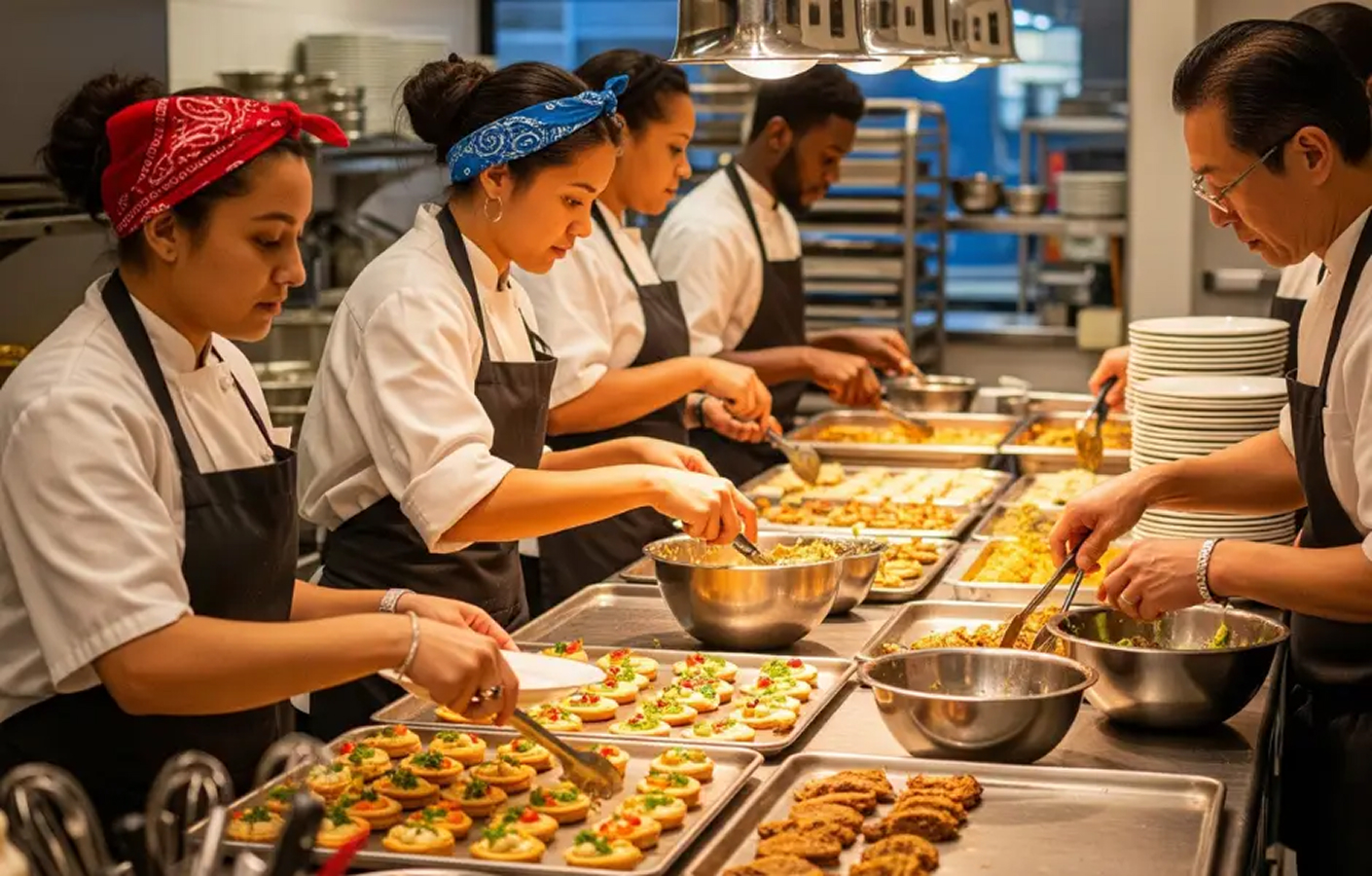 Three women and two men prepping starters in a big kitchen