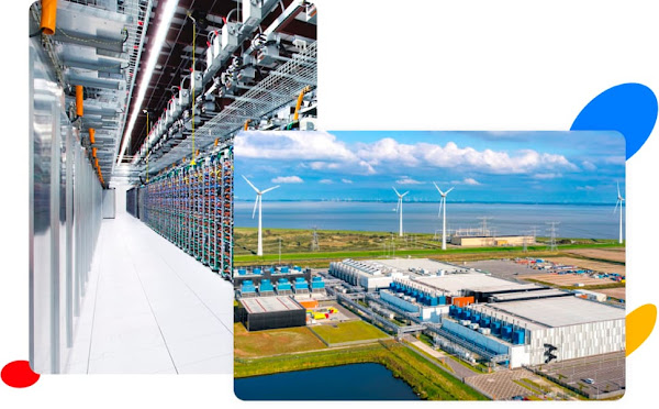Zwei sich überschneidende Fotos Ein Foto zeigt Innenansicht eines Google-Rechenzentrums, auf dem Reihen von Servern dargestellt werden. Das andere Foto zeigt die Außenansicht eines Google-Rechenzentrums mit Windturbinen in der Ferne.