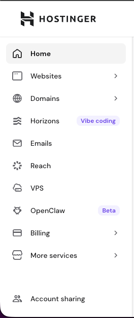 Hostinger sidebar menu with Home selected and Horizons marked “Vibe coding”