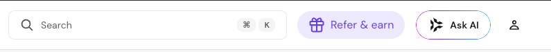 Hosting control panel top bar with search, Refer & earn, Ask AI, and user profile icons